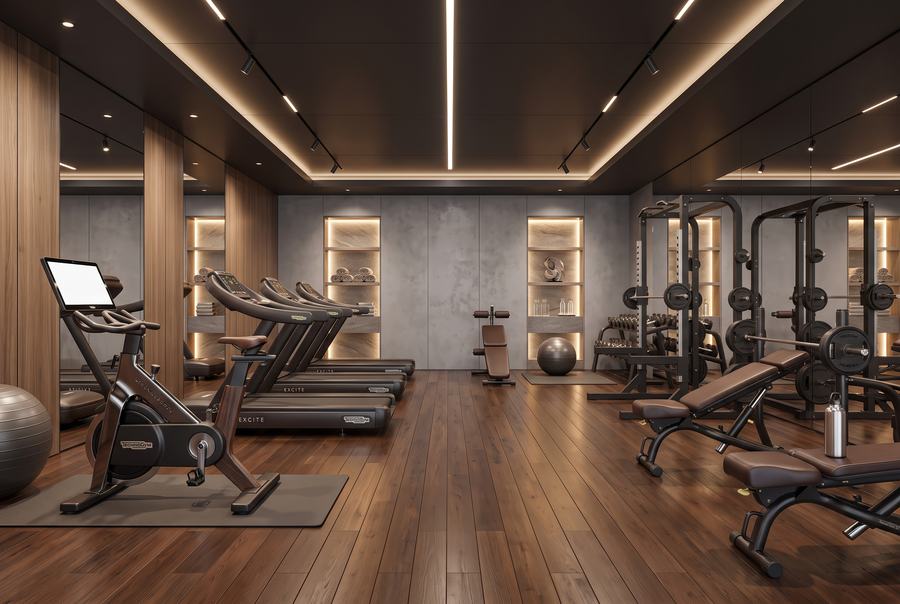 The gymnasium with timber floors and equipment