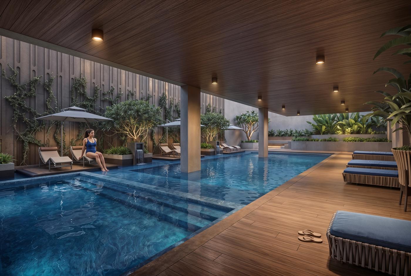 The swimming pool with timber deck and shaded loungers
