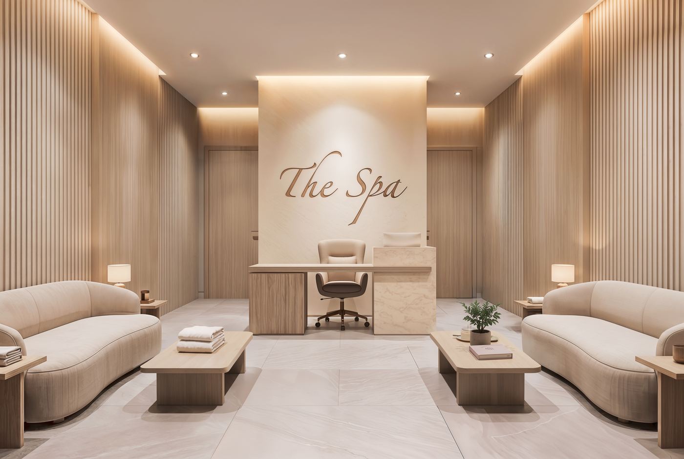 The Spa reception with soft lighting and timber panelling