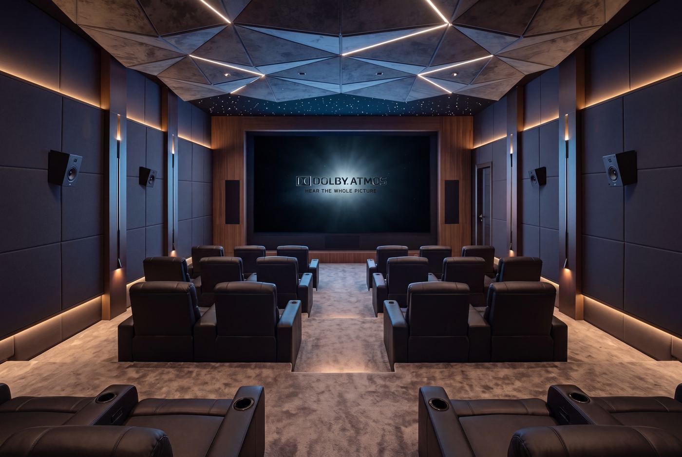 The mini theatre with tiered recliner seating