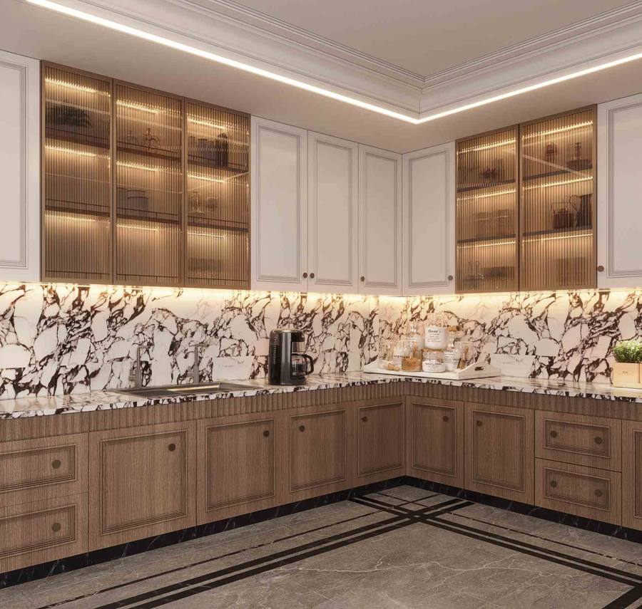 Kitchen with marble backsplash beside a timber-arched temple