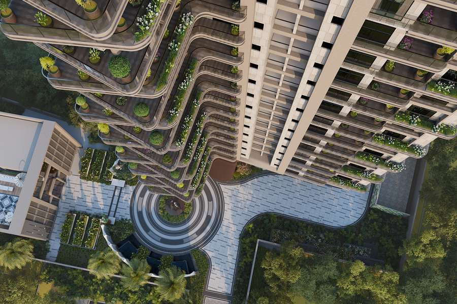 Aerial view of the landscaped courtyard