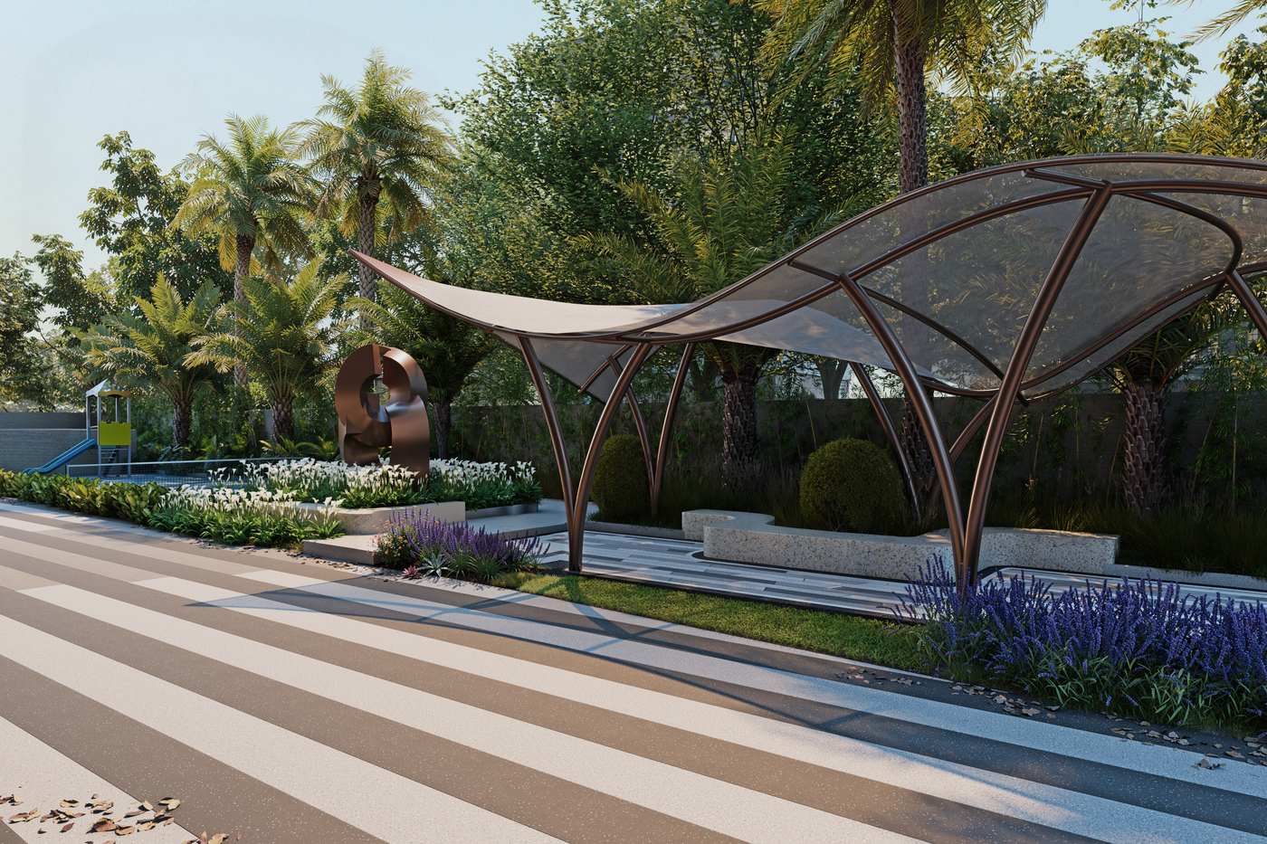 Shaded seating pavilion within the landscaped garden