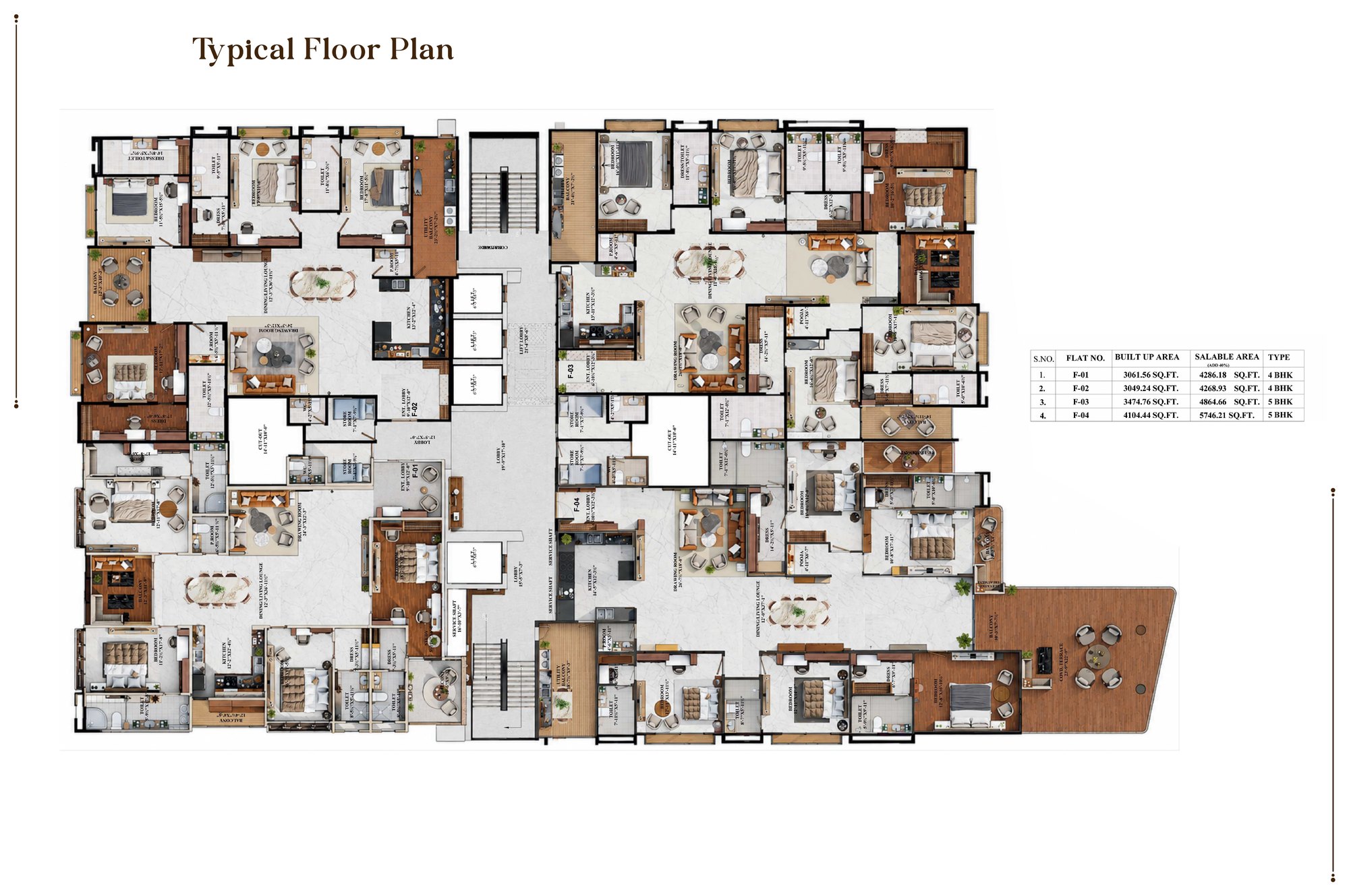 Typical floor plan showing four residences per floor